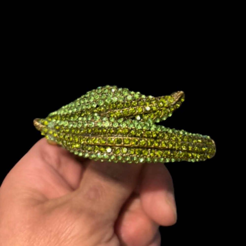 Unique Brass & Green Leaf Rhinestone Vintage Cuff Bracelet